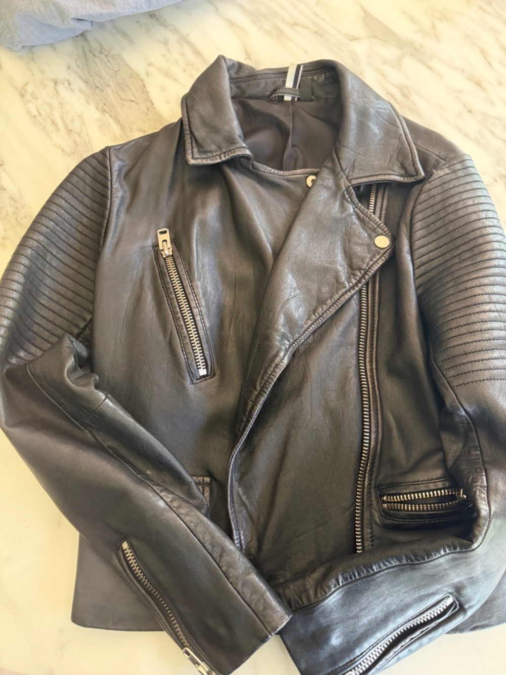 Topshop Black Leather Moto Jacket with Quilted Detail